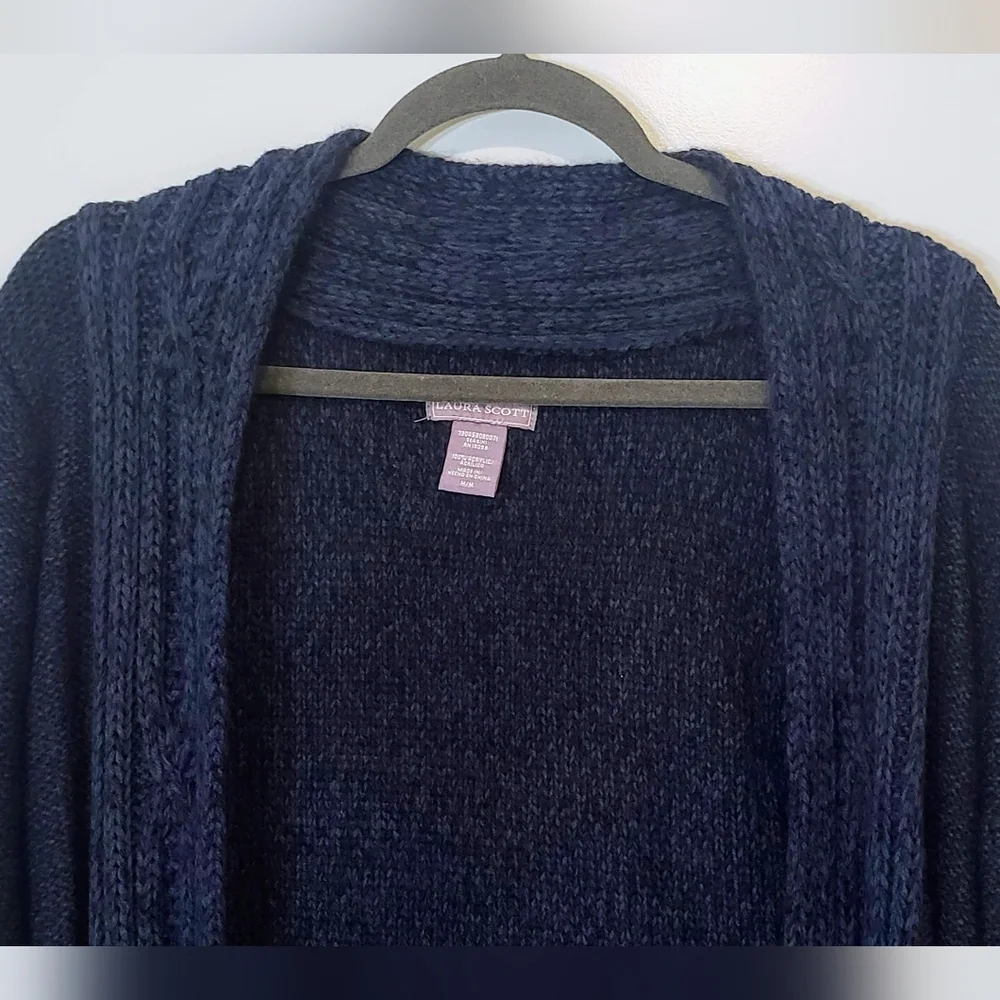 Laura Scott Cardigan Sweater Marled Blue Open Knit Size Medium Machine Wash